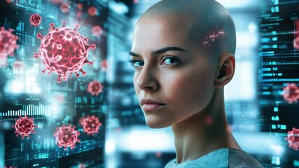 Futuristic concept showing serious woman shaved head surrounded by digital virus particles data screens symbolizing health technology virus research medical research healthcare science visualization - Powered by Adobe