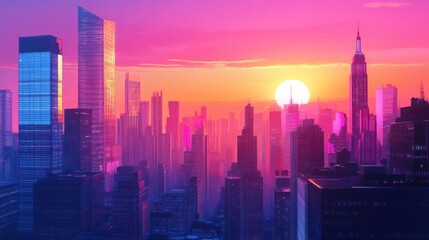 Futuristic city skyline at sunrise. Vibrant colors paint skyscrapers in a stylized, digital art rendering