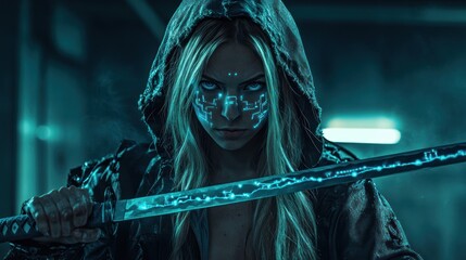 Cyberpunk woman holding glowing katana