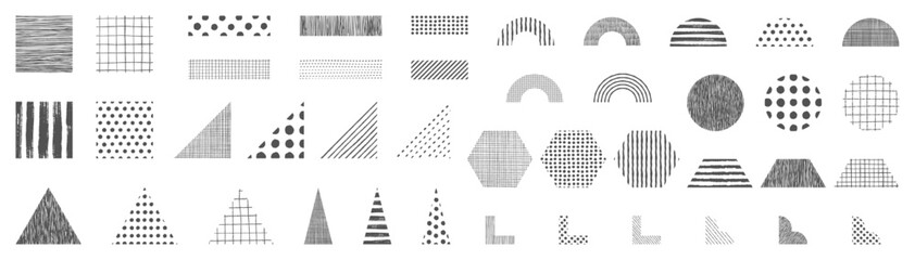 手描きパターンの幾何学図形セット。モノクロ、透過背景。