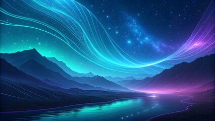 Vibrant neon light trails flow over a serene mountain landscape and reflective water at night