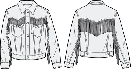 Western fringe denim jacket technical flat sketch, front and back view fashion vector, cowboy-inspired outerwear design illustration for apparel flat vector illustration