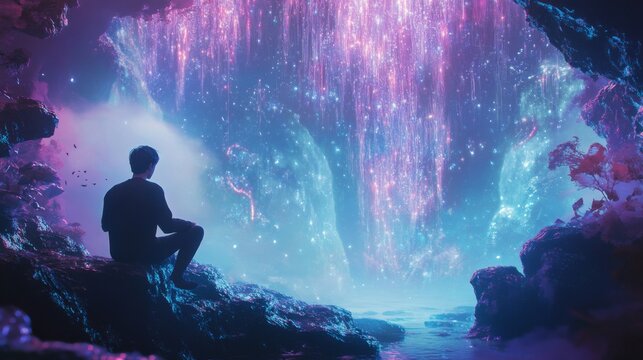 A lone figure sits on a rock gazing at a large, ethereal cave formation, glowing with vibrant purple and pink light.
