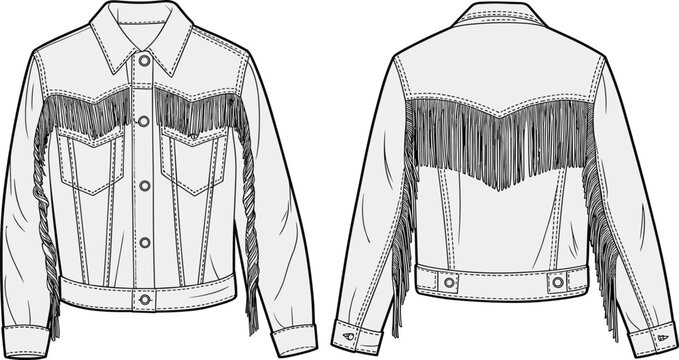 Western fringe denim jacket technical flat sketch, front and back view fashion vector, cowboy-inspired outerwear design illustration for apparel flat vector illustration