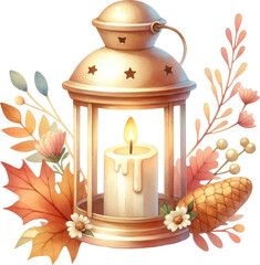 Coquette cozy autumn lantern with candle and seasonal foliage