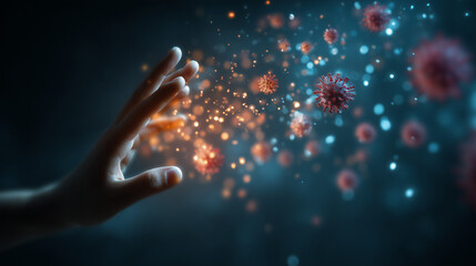 A human hand spreading bacteria and germs, microscopic contamination concept, hygiene risk, infection transmission, health hazard, close up, scientific and medical theme.