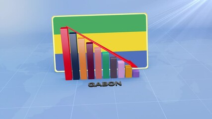 Gabon Flag on 3D Bar Graph with Downward Red Arrow Economic Crisis Concept - Powered by Adobe