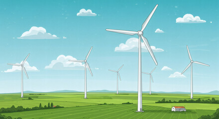 Sustainable Energy Wind Turbines in a Green Landscape Illustration