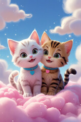 Adorable Cartoon Kittens Sitting on Pink Cloud in Dreamy Sky Fantasy Scene