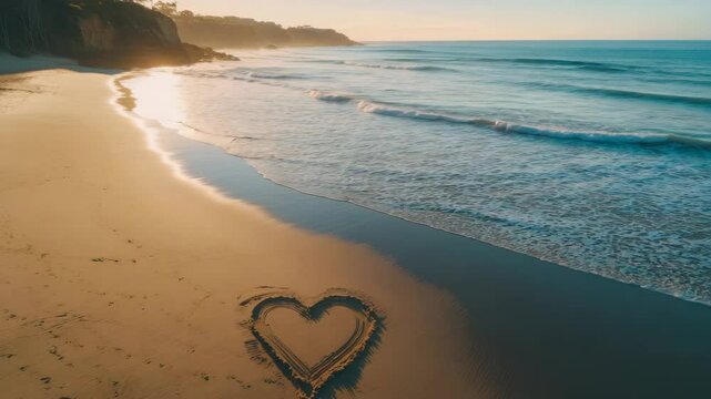 Heart shape drawn on sandy beach near ocean shore with gentle waves and warm sunlight during sunset creating peaceful romantic atmosphere along coastline and water shore - Powered by Adobe