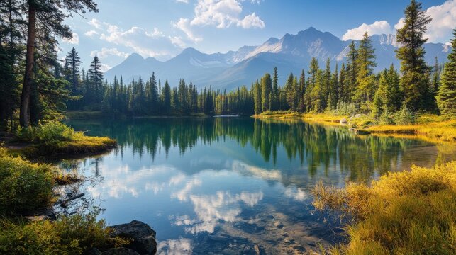 A tranquil mountain lake with calm waters reflecting the clear blue sky and a distant mountain range.