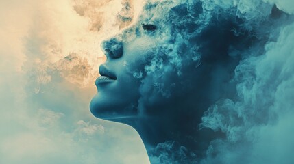 A woman's face is obscured by clouds, her eyes closed and a serene expression.  The background is a soft gradient of blue and white.  The image is a metaphor for the mind, dreams, or imagination.