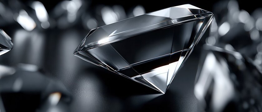 Close up view of a clear faceted diamond sparkling with light reflections on a dark reflective surface