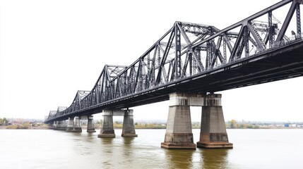 Steel Truss Bridge Over River with Isolated Background in Raw Style