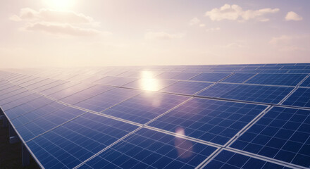 Vast Solar Panel Field at Sunset Clean Energy and Sustainable Power Generation