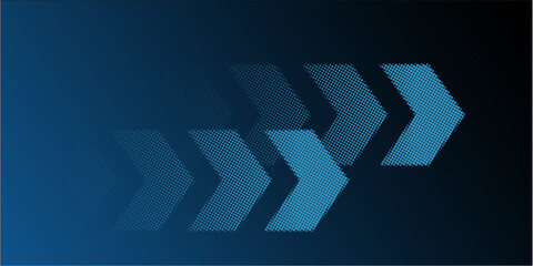 Halftone arrows dynamic movement concept vector with abstract blue background and forward direction theme. Ideal for speed, progress, technology, innovation, business, and futuristic designs.