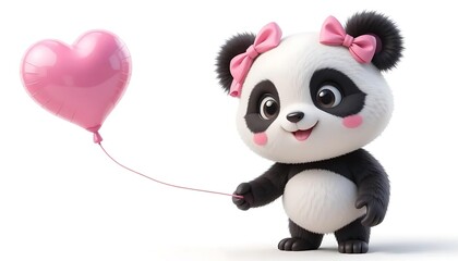 Fototapeta premium A cute cartoon panda holding the string of a floating pink heart-shaped balloon. valentine animal