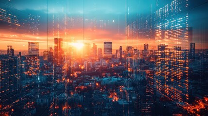 A futuristic financial district where AI-powered advisors manage industrial investments