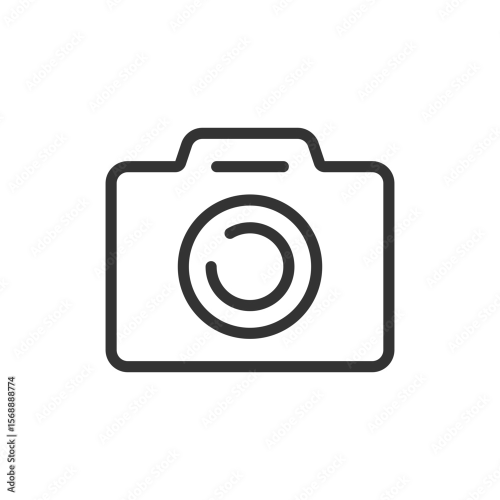 Poster simple line drawing of a camera with a lens in the center and a flash indicator on top side