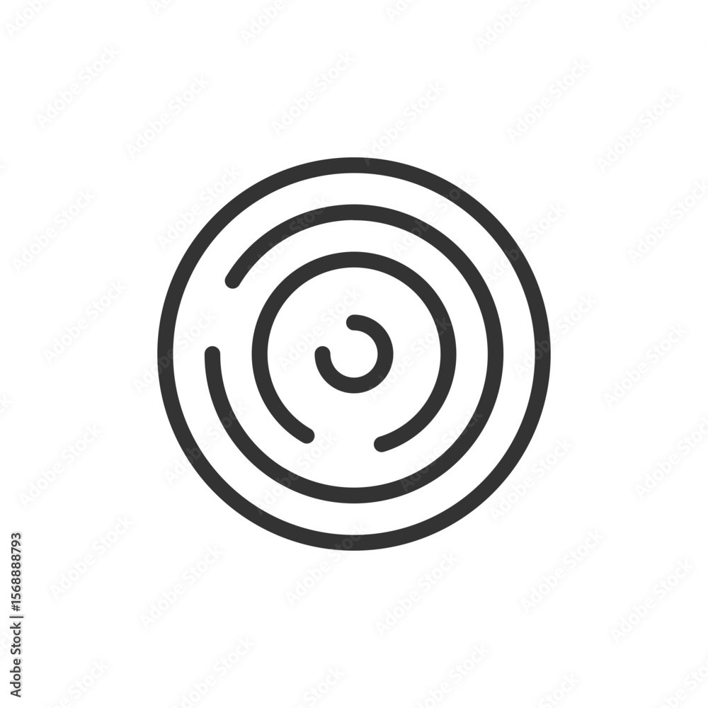 Poster illustration of a circular maze design with concentric rings and open pathways in a simple line art 