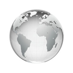 A detailed illustration of a globe showcasing continents in grayscale with a plain background