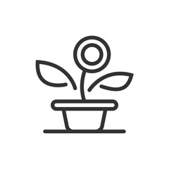 Simple line art illustration of a potted plant with a circular flower and two leaves design icon