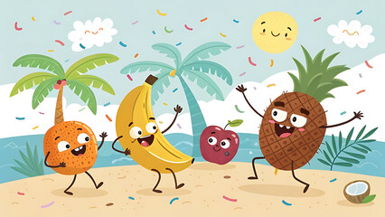 Obraz premium Laughing Fruit Characters at a Tropical Party