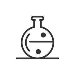 Illustration of a round bottom flask with liquid and two dots inside on a flat surface view icon