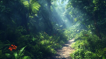 Obraz premium Exploring a lush tropical forest pathway nature scene vibrant flora serene environment natural light
