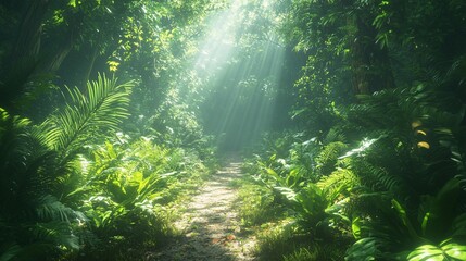 Exploring a serene nature trail lush forest high-quality image bright sunlight close-up view tranquility and adventure