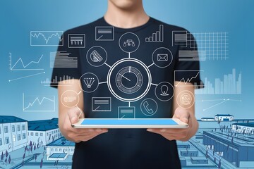 Man Holding Tablet with Business Analytics Overlay, Modern Workflow Concept