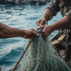 Hands pulling fishing net from boat at the harbor