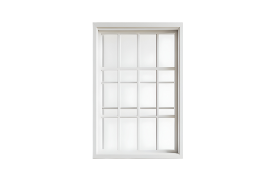 Elegant white window with grid pattern against a stark black background