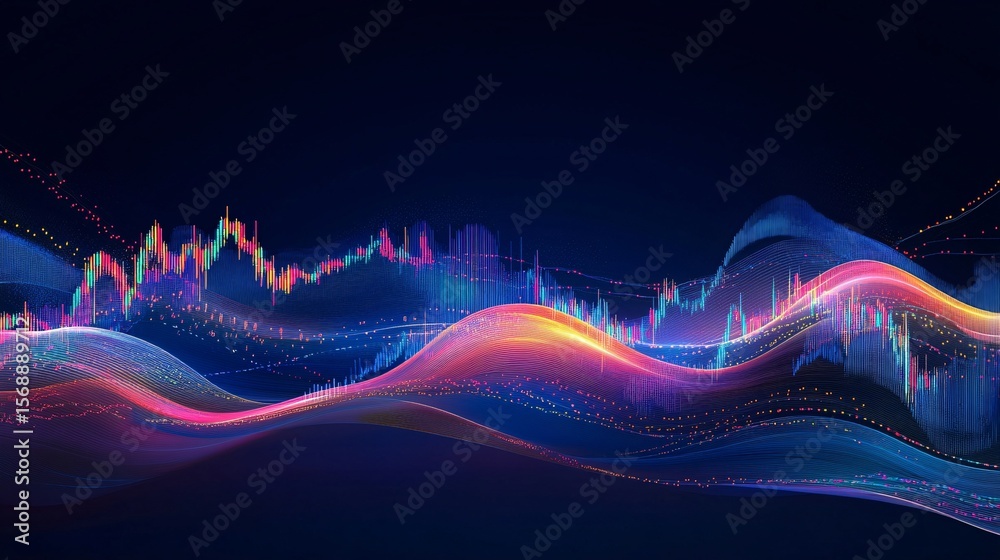 Fototapete Dynamic digital wave patterns virtual space abstract art futuristic environment high-tech viewpoint visual data representation