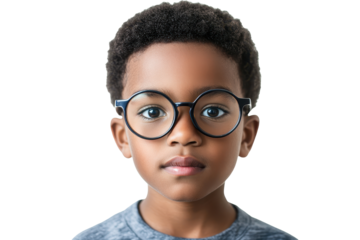 Portrait of a cute African American boy wearing glasses with a focused expression, showcasing his personality and individuality against a neutral background