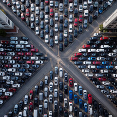 Symmetrical Aerial View of Cars in Parking