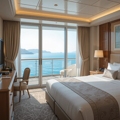 Luxurious cruise cabin interior with sea view