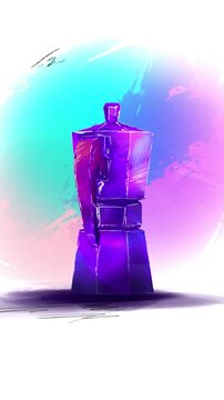 A stylized, painting style of purple moka pot stands against a vibrant, abstract background, 3d painting style, ideal for coffee, art, or creative themes.