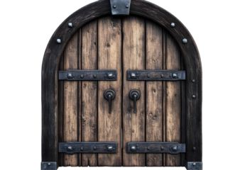 Medieval arched double wooden door with iron hinges and handles isolated on black