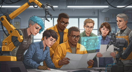 Diverse Team of Engineers Collaborating on Futuristic Project