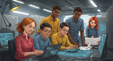 Team of Diverse Engineers Collaborating on Futuristic Technology Project