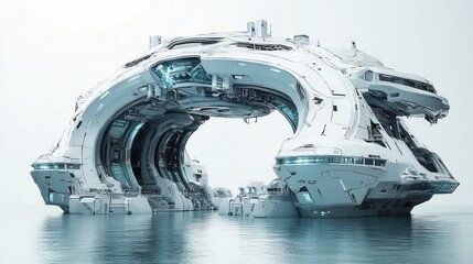 Futuristic Steel Bridge Over River in High-Tech Design Style