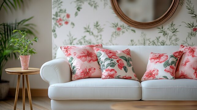 Elegant white sofa with floral throw pillows