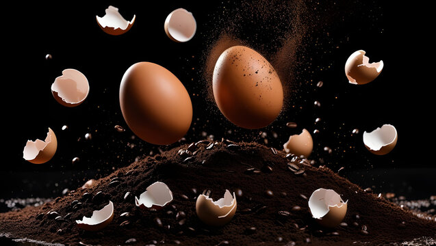 This compelling image presents a dramatic still-life composition featuring two brown eggs