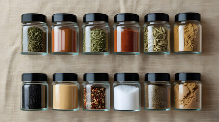 This perfectly composed flat lay captures a comprehensive assortment of ten glass jars