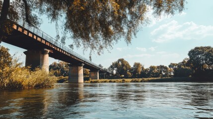 Isolated Steel Bridge Over Wide River on White Background Landscape