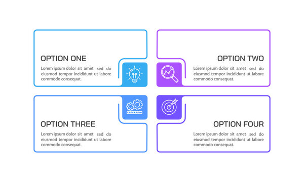 Infographic frame with four steps or options. Presentation, Process, Strategy and Planning.