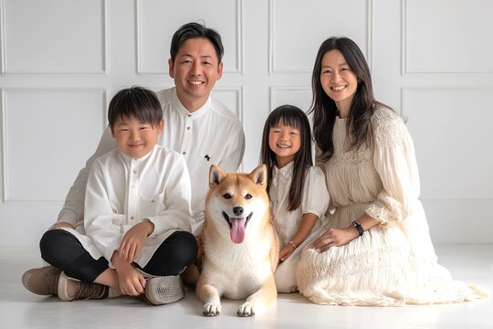 Happy Asian family portrait with Shiba Inu dog in white outfits
- Powered by Adobe