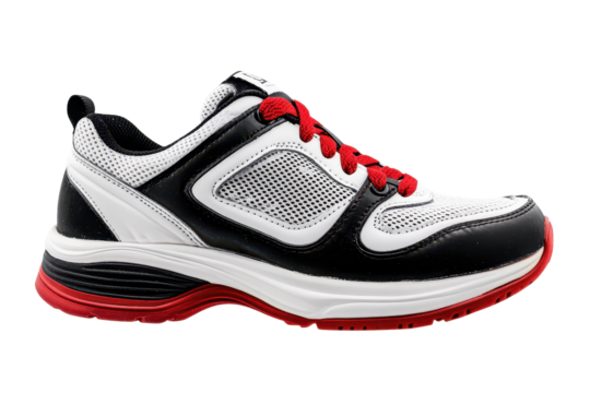 Athletic shoe in black, white, and red design highlighting breathable materials and cushioned sole against a transparent backdrop suitable for sports activities