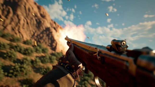 A parachute shooter firing shots from their rifle while gliding in the air and used shells float in the gravity. Bullet casing. Hulls. Empty brass